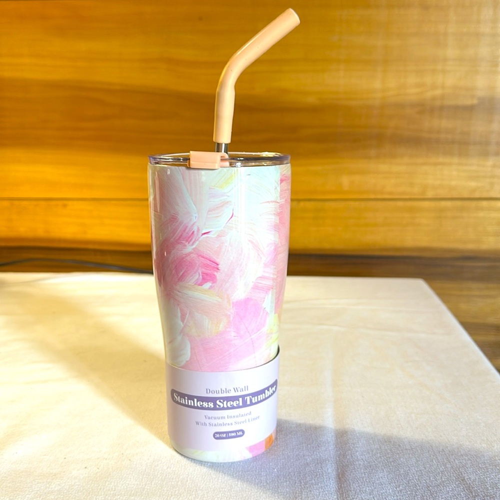 New Stainless Steel Tumbler with Straw - Pink Floral Design